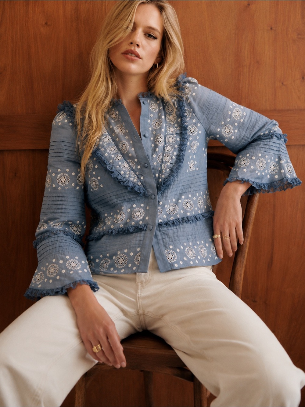 Sézane Blue Eyelet Embroidered Ruffle Blouse 38 Cottagecore Boho Romantic Top